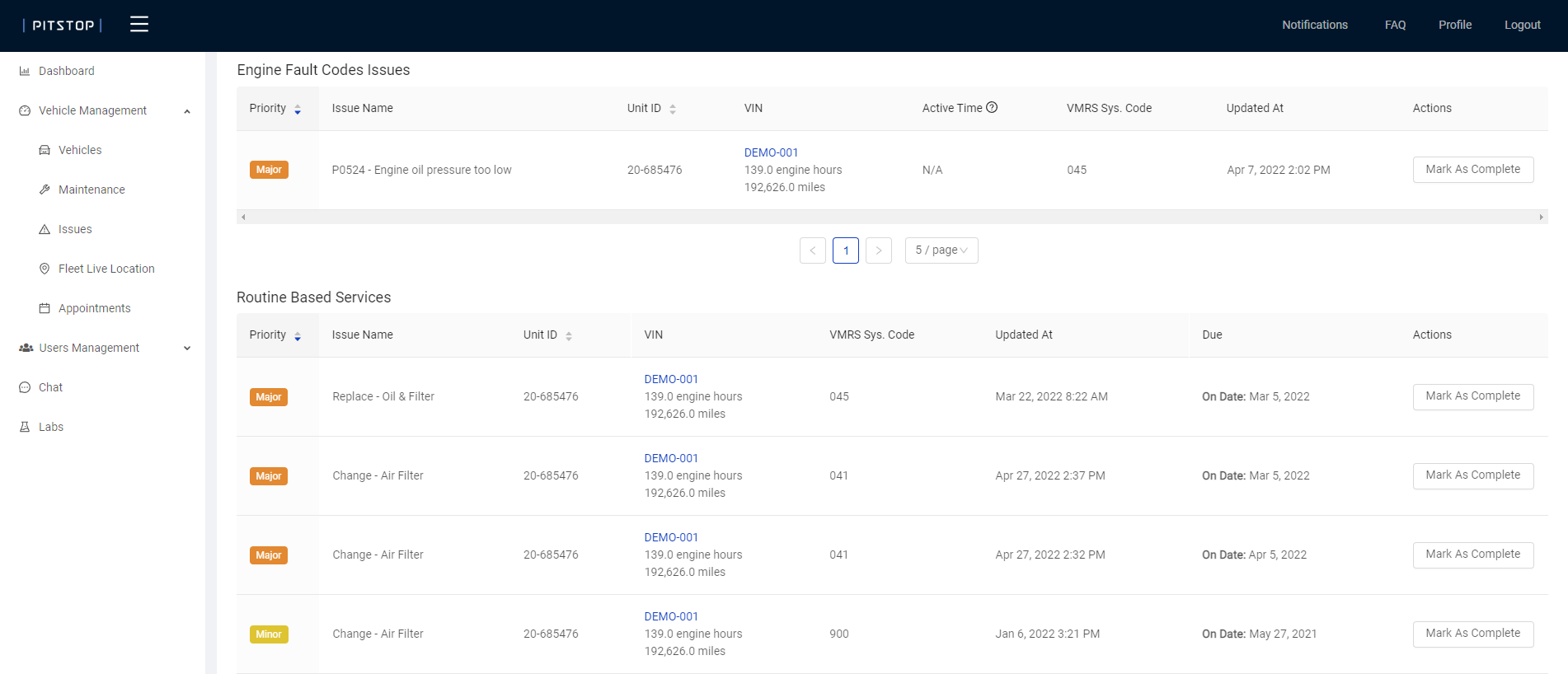 fault code dashboard