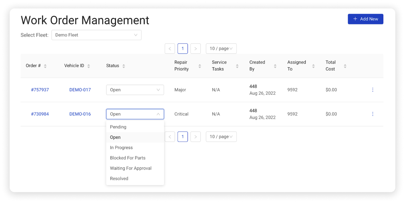 fleet work orders feature