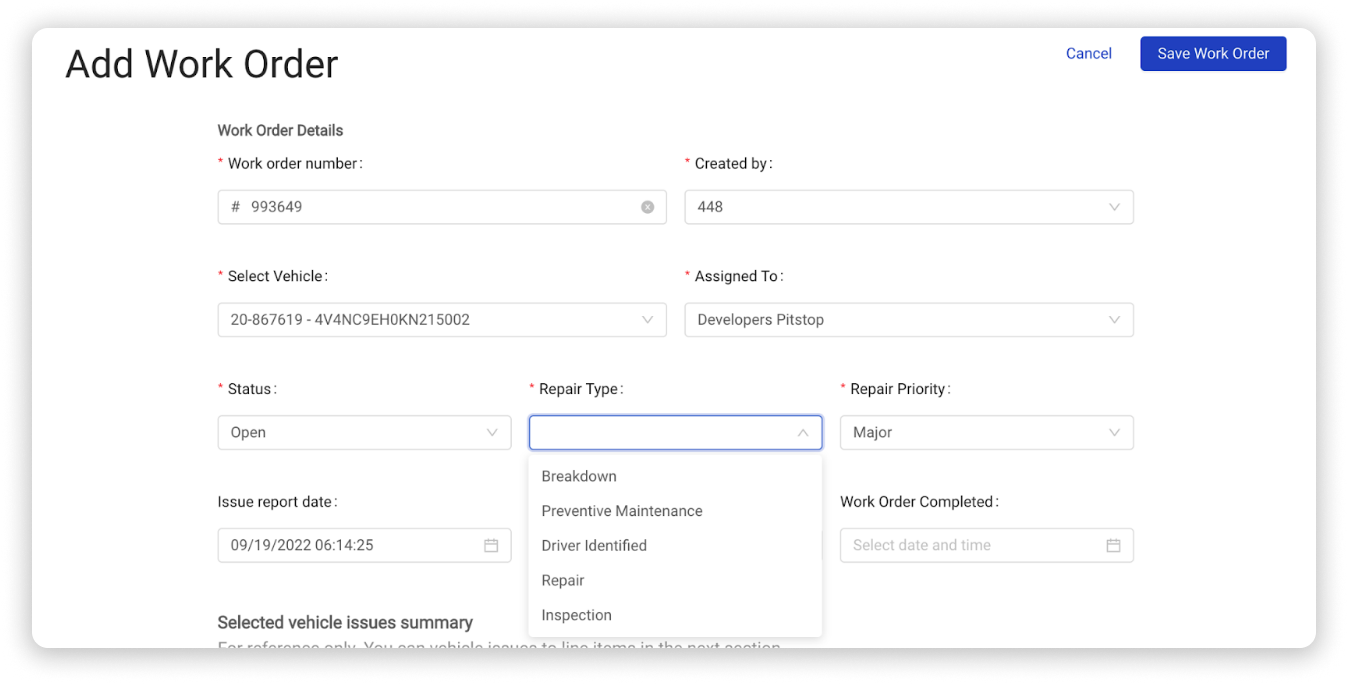 adding a fleet work orders feature